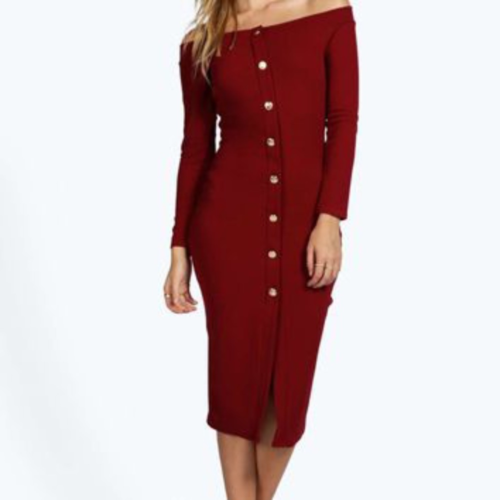 Boohoo Off Shoulder Button Midi Dress Size 16
